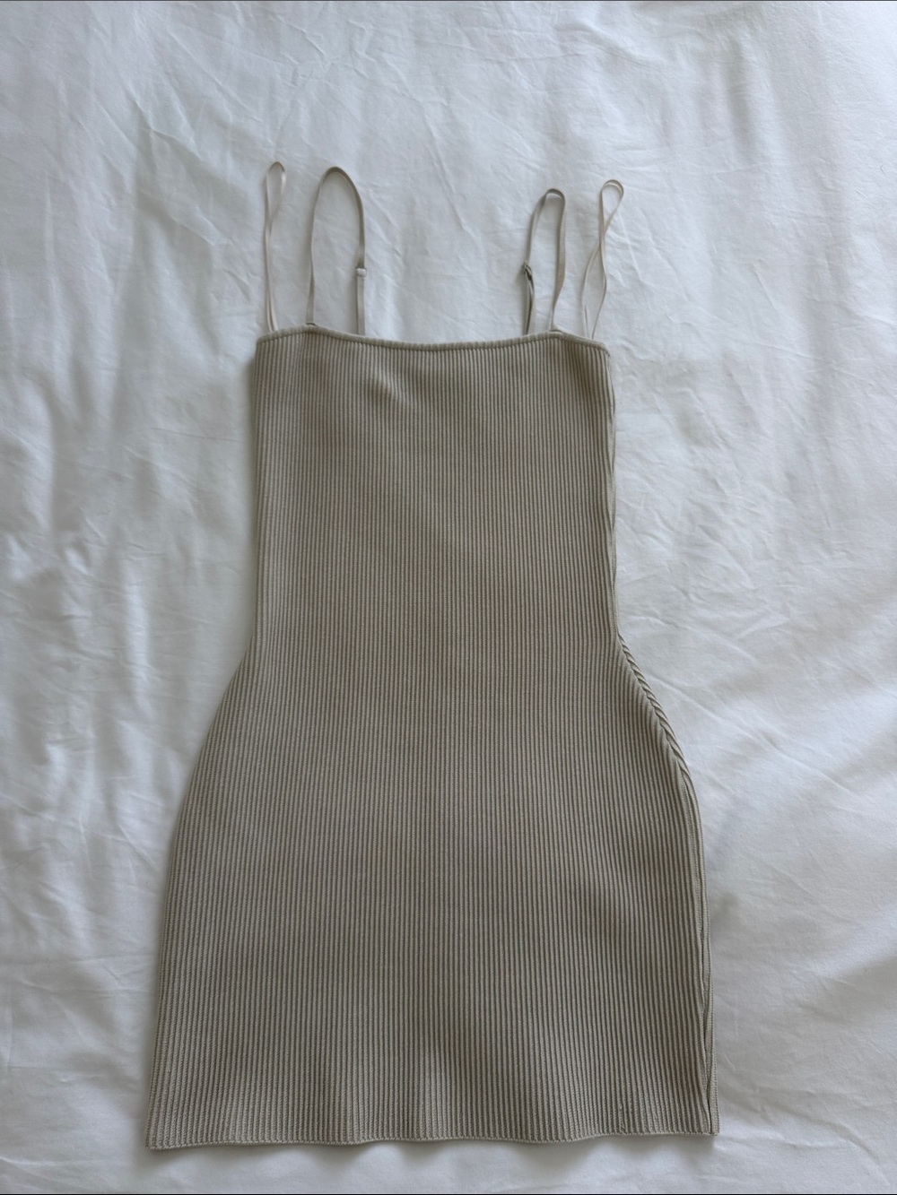 Aritzia Neutral Ribbed Mini Slip Dress in Beige-Taupe